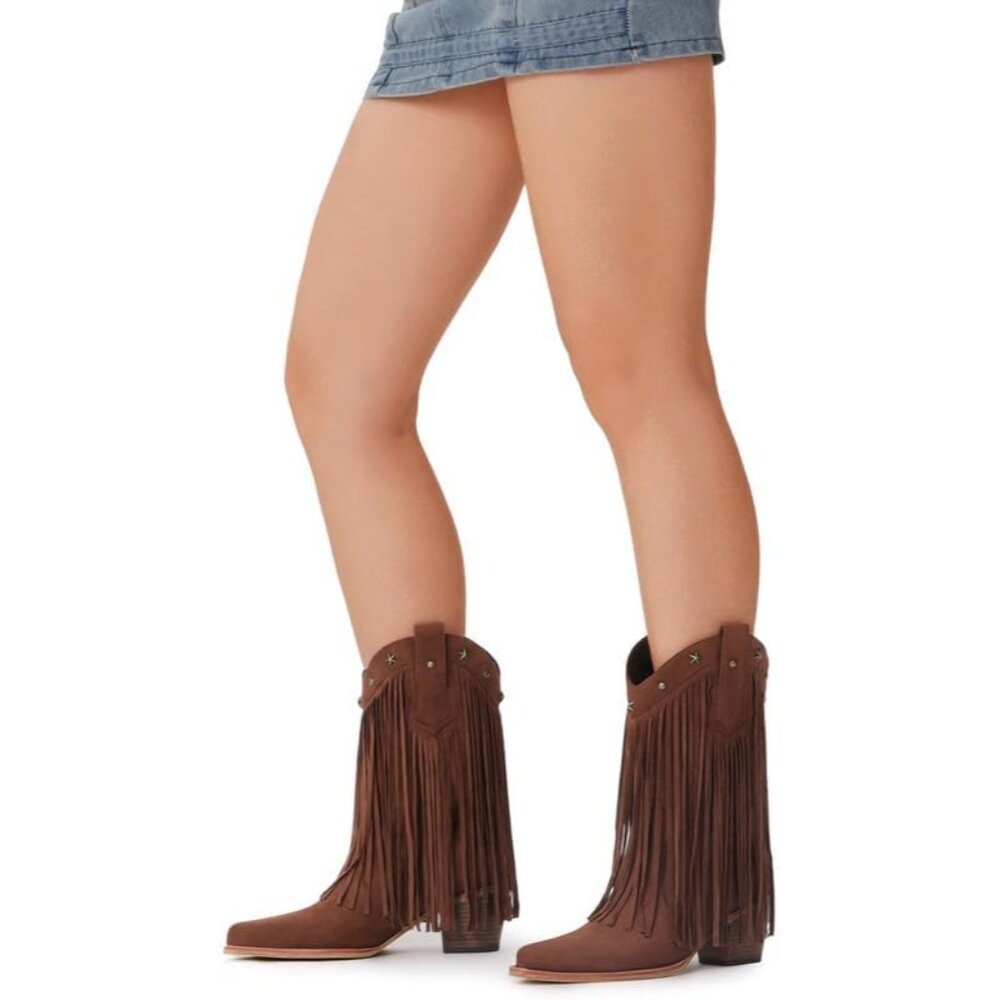 ⚡Women's Dark Brown Mid Calf Cowgirl Boots Star Studded Pointed Toe Chunky Heel - Picture 3 of 5